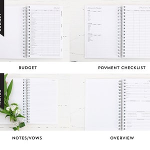 May include: A white spiral-bound planner with sections labeled "Budget," "Detailed Budget," "Payment Checklist," "Notes/Vows," and "Overview." The planner pages are lined and include headings for financial planning. A bouquet of flowers is included.