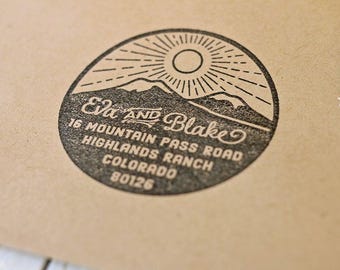Mountain Return Address Stamp, Rustic Wedding Rubber Stamp,  Custom Rubber Stamp, Wedding Invitations Stamp, Circle Stamp, Personalized Gift