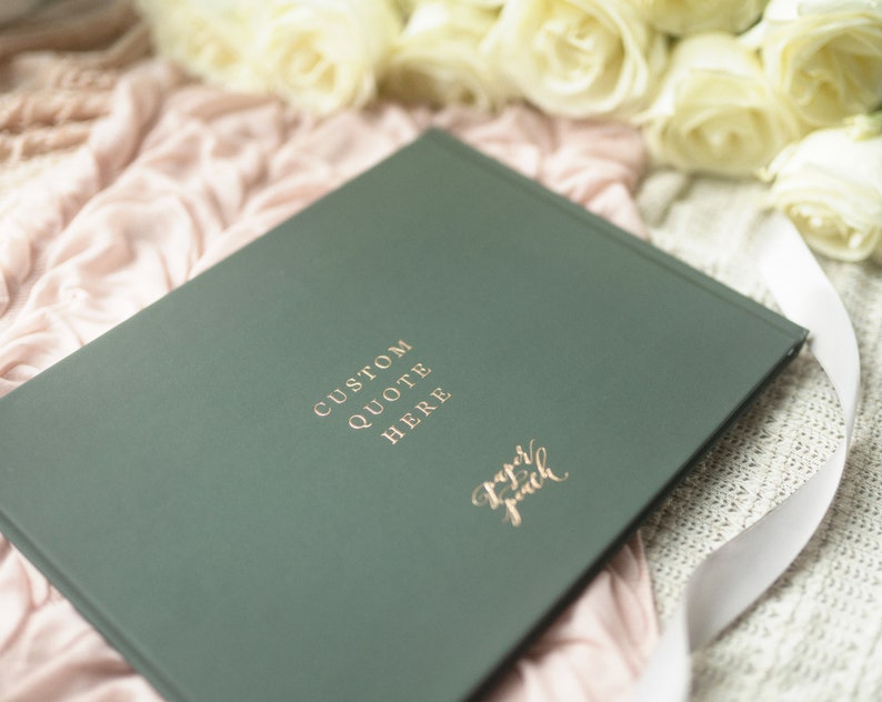 Green Guestbook Modern Wedding Guest Book Rose Gold Foil Hardcover Wedding Album Traditional Guestbook image 5