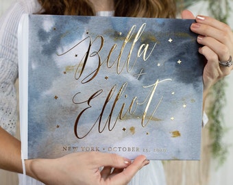 Celestial Wedding Guest Book, Real Gold Foil Horizontal Wedding Book with Calligraphy Names and Stars, Hardcover Instant Photo Guestbook