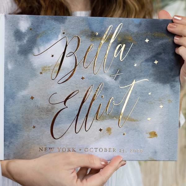 Celestial Wedding Guest Book, Real Gold Foil Horizontal Wedding Book with Calligraphy Names and Stars, Hardcover Instant Photo Guestbook