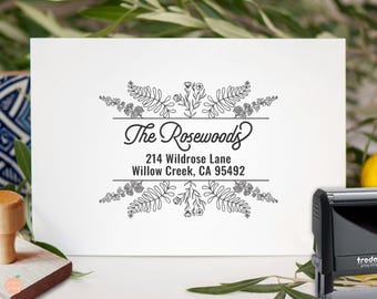 Boho Floral Return Address Stamp, Custom Wedding Invites, Self Inking or Wood, Rustic Gift