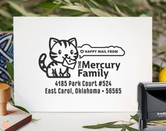 Personalized Cat Return Address Stamp, Customizable Cute Phrase, Wood or Self Inking Mail Stamper