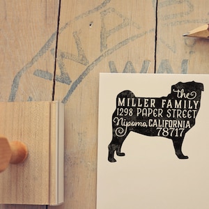 Pug Return Address Stamp, Dog Owner Gift, Wooden Handle, Custom Rubber Stamp