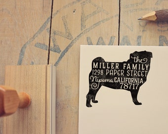 Pug Return Address Stamp, Dog Owner Gift, Wooden Handle, Custom Rubber Stamp