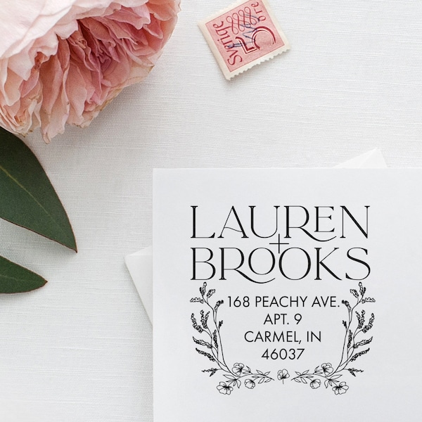 Botanical Wedding Stamp, Return Address Stamp, Personalized Rubber Stamp, Modern Floral Stamp for Wedding Invitations, Newlywed Gift Couple