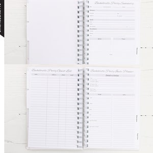 May include: A white spiral-bound planner with pages labeled "Bachelorette Party Summary," "Bachelorette Party Guest List," and "Bachelorette Party Suite Planner." The planner includes sections for details, notes, and guest information. The word "Bachelorette" is printed on a black banner.