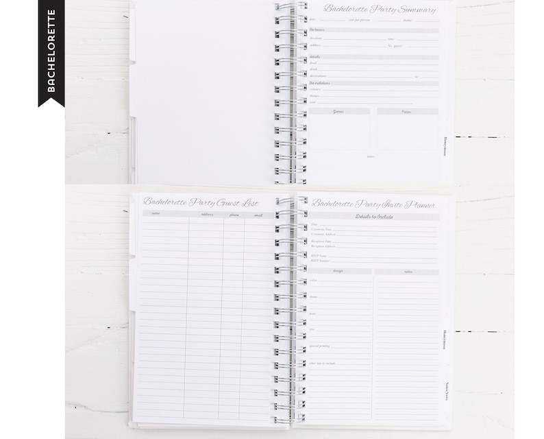 May include: A white spiral-bound planner with pages labeled "Bachelorette Party Summary," "Bachelorette Party Guest List," and "Bachelorette Party Suite Planner." The planner includes sections for details, notes, and guest information. The word "Bachelorette" is printed on a black banner.