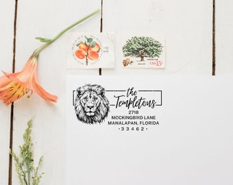 Lion Head Return Address Stamp, Animal Gift, Wooden Handle, Custom Rubber Stamp, Animal Stamp, Zoo Stamp