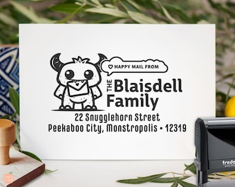 Personalized Monster Return Address Stamp: Kid-Friendly Happy Mail, Self Inking or Wood Handle