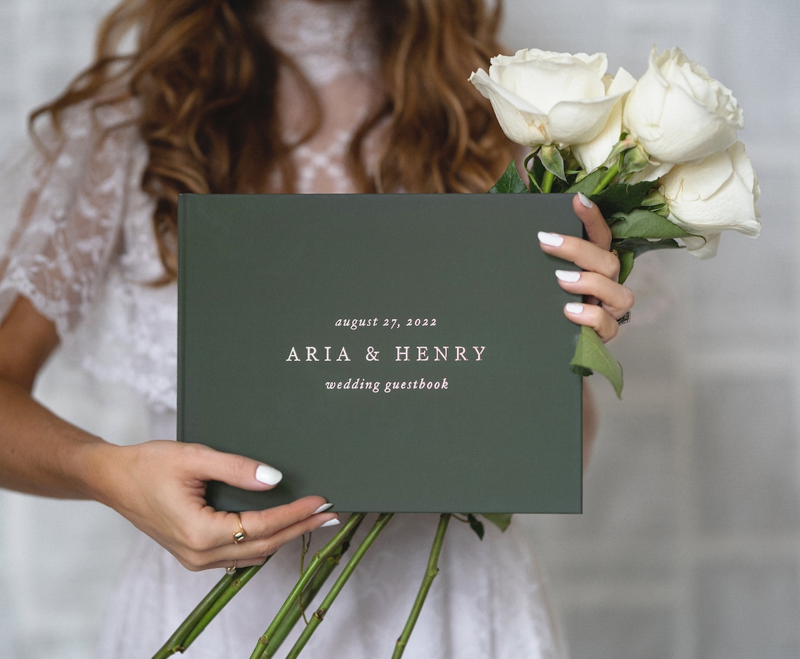 Green Guestbook  Modern Wedding Guest Book   Rose Gold Foil image 1