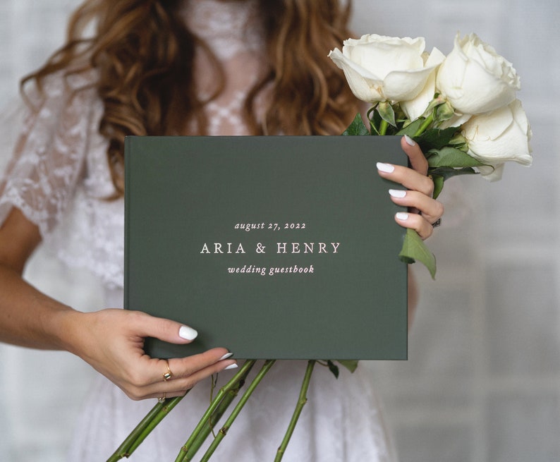 Green Guestbook Modern Wedding Guest Book Rose Gold Foil Hardcover Wedding Album Traditional Guestbook image 1