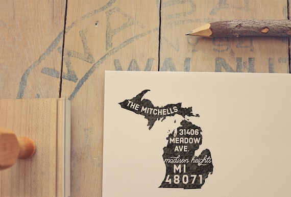 Michigan Return Address Stamp, State Stamp, Personalized Gift, Housewarming, Gift Newlywed, Gift for Her, Custom Michigan Stamp Il_570xn