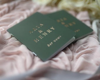 Foil Wedding Vow Books, Forest Green, Personalized Set of 2 Wedding Booklets, Real Rose Gold Anniversary Keepsake