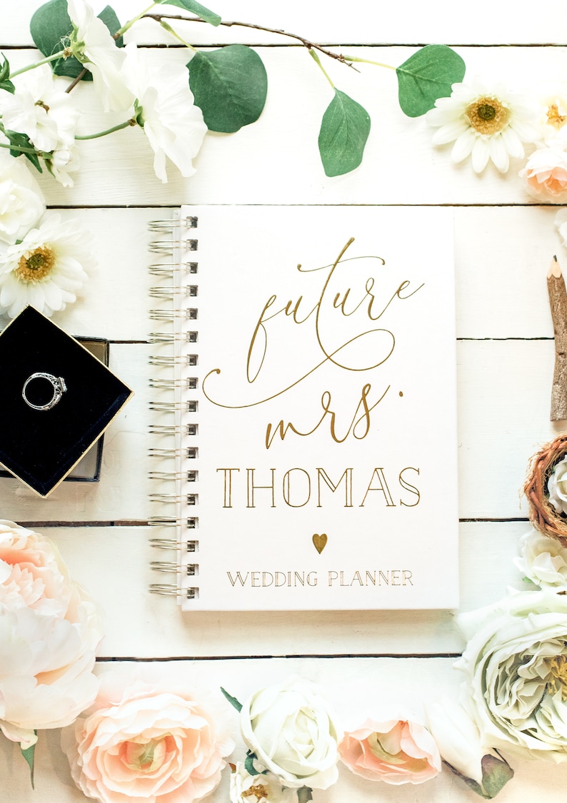 Future Mrs. Wedding Planner, Personalized Planner, Real Gold Foil Bridal Shower Gift Custom Planner Book, 12 Months image 2