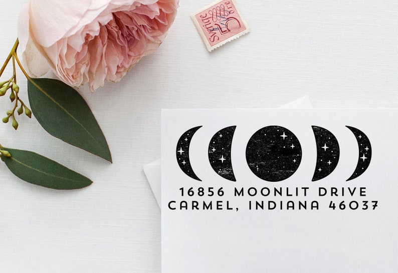 Moon Phases Return Address Stamp, Personalized Rubber Stamp, Witchy Custom Stamp, Celestial Stamp of Lunar Phases image 1