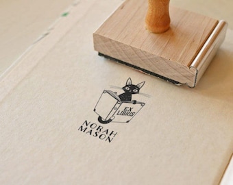 Black Cat Reading Ex Libris Stamp, Personalized Teacher Book Plate Present, Friends of BookTok