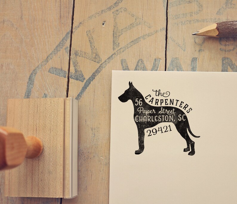 Great Dane Return Address Stamp, Dog Owner Gift, Wooden Handle, Custom Rubber Stamp image 1