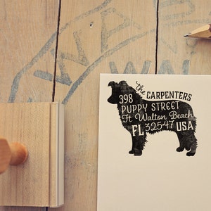 Border Collie Dog Return Address Stamp Housewarming & Dog Lover Gift Personalized Rubber Stamp Wood Handle Border Collie Stamp