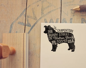 Border Collie Dog Return Address Stamp Housewarming & Dog Lover Gift Personalized Rubber Stamp Wood Handle Border Collie Stamp