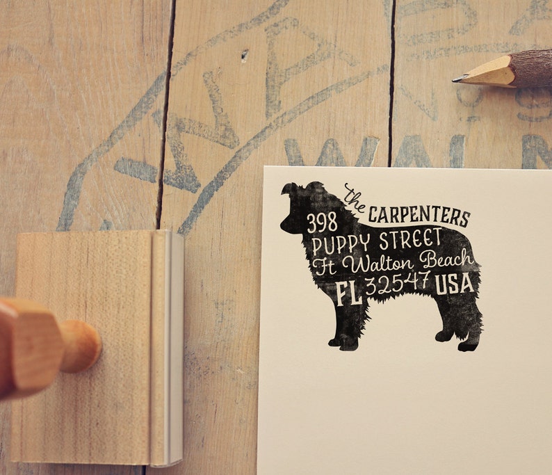 Border Collie Dog Return Address Stamp Housewarming & Dog Lover Gift Personalized Rubber Stamp Wood Handle Border Collie Stamp image 1