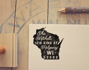 Wisconsin Return Address State Stamp, Personalized Rubber Stamp