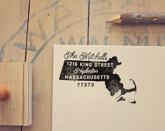 Massachusetts Return Address Stamp, State Stamp Personalized Gift Housewarming Gift Newlywed Gift Rubber Stamp Massachusetts Stamp Custom