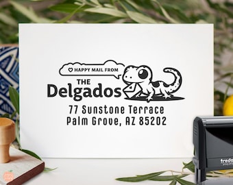 Personalized Gecko Return Address Stamp: Kid-Friendly Happy Mail, Self Inking or Wood Handle