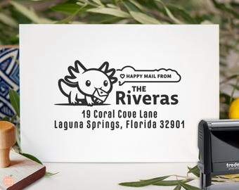 Axolotl Return Address Stamp: Personalized Adorable Kawaii Gift Self-Inking or Wood Stamper