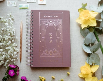 Planificador de bodas Art Déco: Lámina de oro rosa auténtico, regalo para despedida de soltera