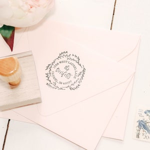Laurel Return Address Stamp Circular Calligraphy Script Stamp with Wreath Custom Personalized Stamp Housewarming Gift Wedding Stamp image 4