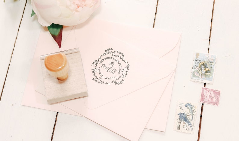 Laurel Return Address Stamp Circular Calligraphy Script Stamp with Wreath Custom Personalized Stamp Housewarming Gift Wedding Stamp image 4