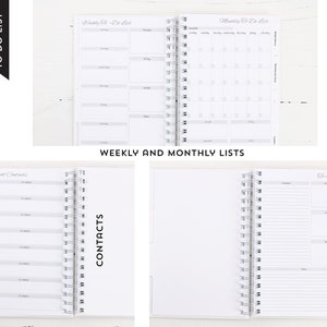 May include: A white spiral-bound planner with sections for weekly and monthly to-do lists, contacts, and notes. The planner includes the text "TO DO LIST" and "WEEKLY AND MONTHLY LISTS". The pages are lined and have gray headers.