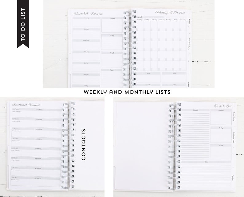 May include: A white spiral-bound planner with sections for weekly and monthly to-do lists, contacts, and notes. The planner includes the text "TO DO LIST" and "WEEKLY AND MONTHLY LISTS". The pages are lined and have gray headers.