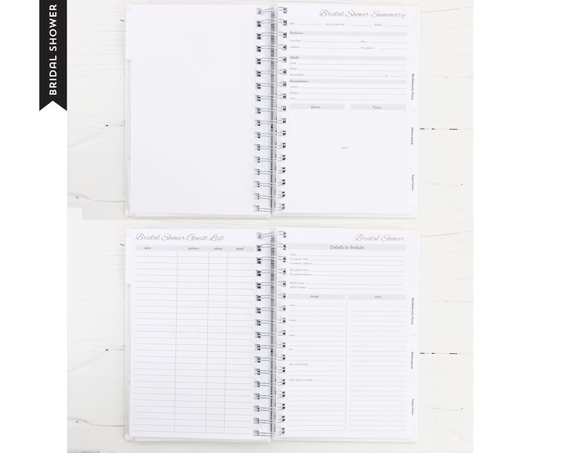 May include: A white spiral-bound bridal shower planner with sections for guest lists, details, and a summary. The planner includes lined pages and tabs for organization. The words "Bridal Shower" are printed on the side.