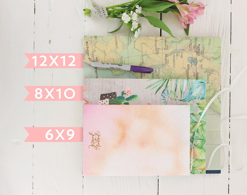 May include: Three different sizes of blank note cards with a watercolor background. The cards are stacked on top of each other and the sizes are labeled 12x12, 8x10, and 6x9.