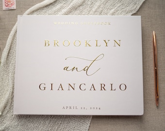 Gold Foil Guestbook • Modern Wedding Guest Book  • White Photo Book • Gold Foil Hardcover Wedding Album • Horizontal Keepsake Book
