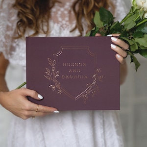 Personalized Guestbook • Merlot Wine Wedding • Modern Wedding Guest Book  • Rose Gold Foil Hardcover Wedding Photo Book