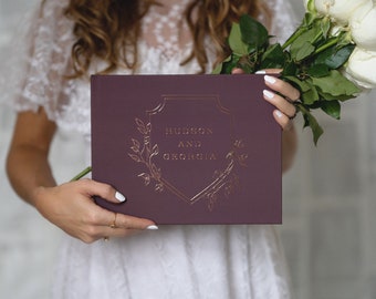 Personalized Guestbook • Merlot Wine Wedding • Modern Wedding Guest Book  • Rose Gold Foil Hardcover Wedding Photo Book