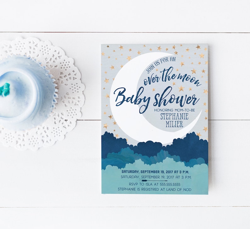 Over The Moon Baby Shower Invitations Navy Blue And Gold Boy Etsy Over The Moon Baby Shower Invitations Navy Blue And Gold Boy Etsy