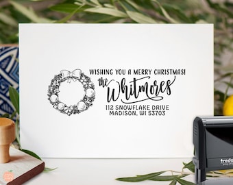 Personalized Christmas Wreath Return Address Stamp: Custom Holiday Phrase & Family Name | Xmas Season