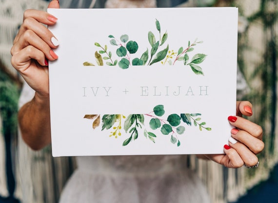 Greenery Wedding Guest Book • Hardcover Rustic Wedding Guestbook • Custom Guestbook • Personalized Photo Guestbook • Horizontal Il_570xn