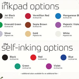 a color chart with various ink colors and their corresponding names, as well as a section titled "the self-inking options" that lists additional colors available for an additional fee.