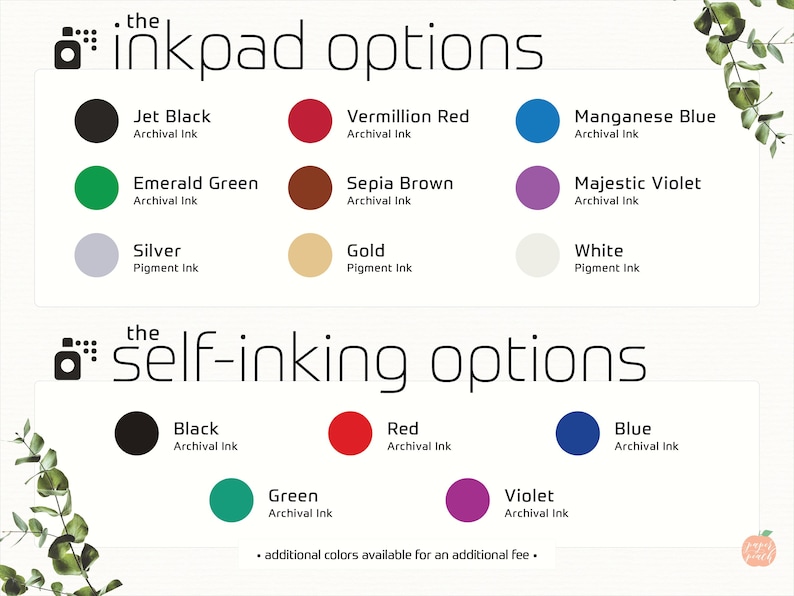 a color chart with various ink colors and their corresponding names, as well as a section titled "the self-inking options" that lists additional colors available for an additional fee.