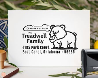 Cute Bear Happy Mail Return Address Stamp: Personalized Kid Friendly Family Self Inking or Wood Stamper