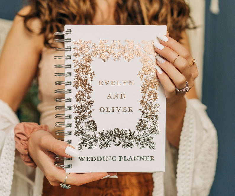 Gold Wedding Planner Book, Bride to Be Planner Retro Flowers Wedding Planner, Bridal Shower Gift, Personalized Wedding Planner image 1