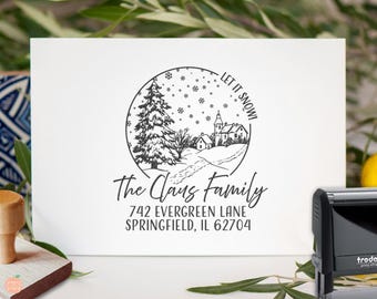 Let It Snow Family Return Address Stamp: Personalized Christmas Holiday Phrase Stamp | X'Mas Season