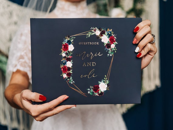 Modern Wedding Guestbook • Gold, Gray, and Burgundy Boho Guest Book • Geometric Guest Book • Custom Guestbook • Botanical • Dark Guestbook Il_570xn
