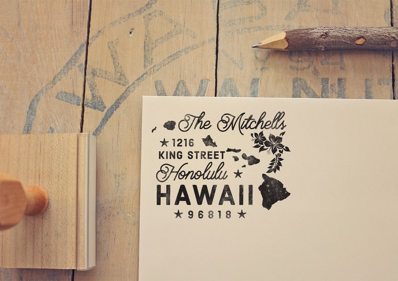 Hawaii Return Address Stamp, State Stamp Personalized Gift Housewarming Gift Newlywed Gift for Her Rubber Stamp Hawaii Wedding Stamp image 1