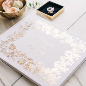 Gold Wedding Guest Book, Floral Vintage Horizontal Wedding Book, Personalized Gold Foil Hardcover Instant Photo Book image 2